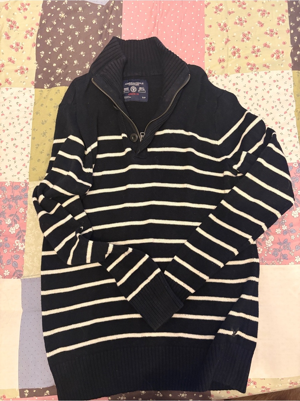 American Eagle Outfitters Navy and White Striped Zip-Neck Sweater